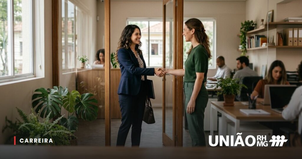 Candidata sorrindo e cumprimentando a recrutadora na porta do escritório, em um dia de entrevista