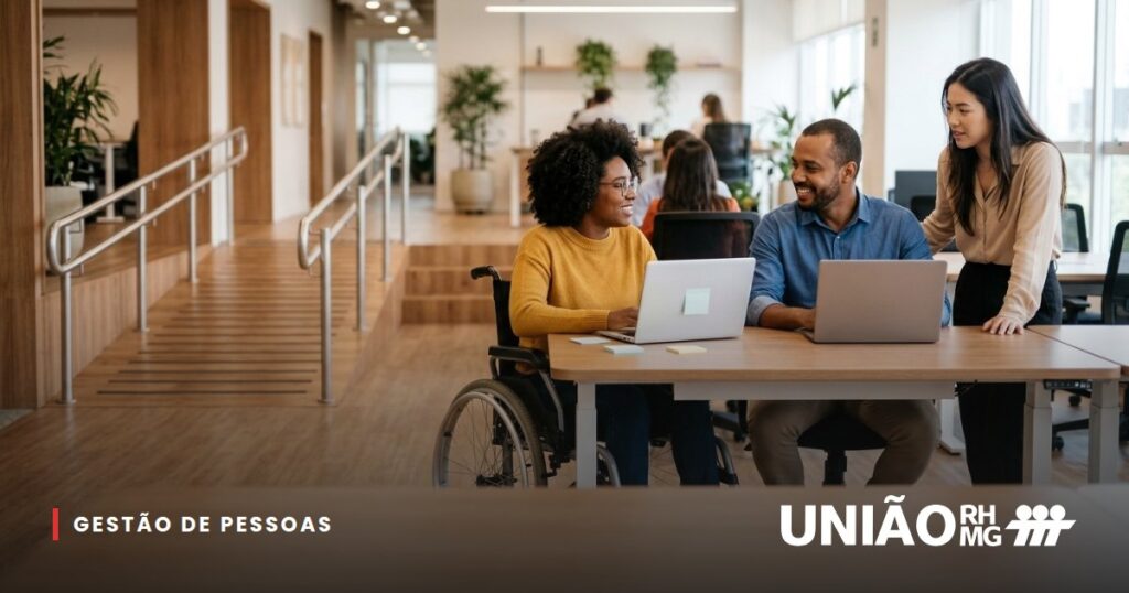 Equipe diversa em um escritório acessível, com uma colaboradora cadeirante em sua mesa de trabalho
