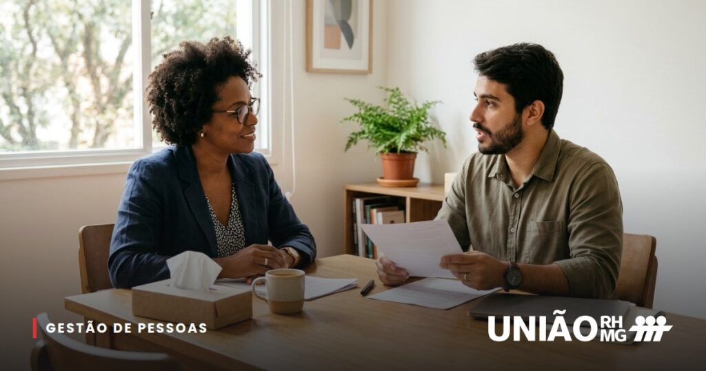 Gestor e colaborador conversando em particular em uma sala pequena, em clima respeitoso