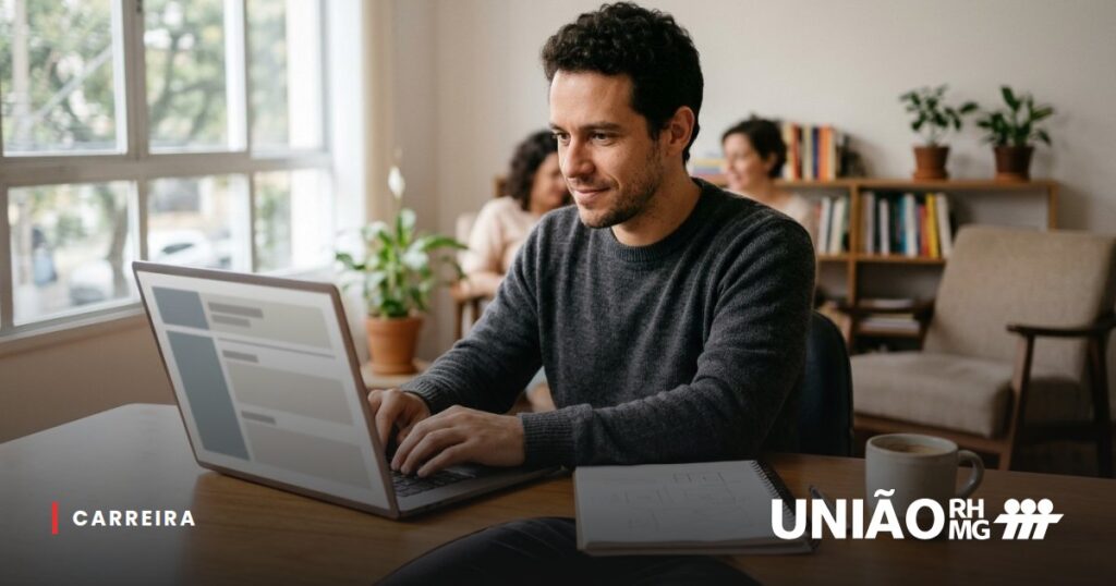 Homem atualizando o currículo no notebook, com um caderno de planejamento ao lado