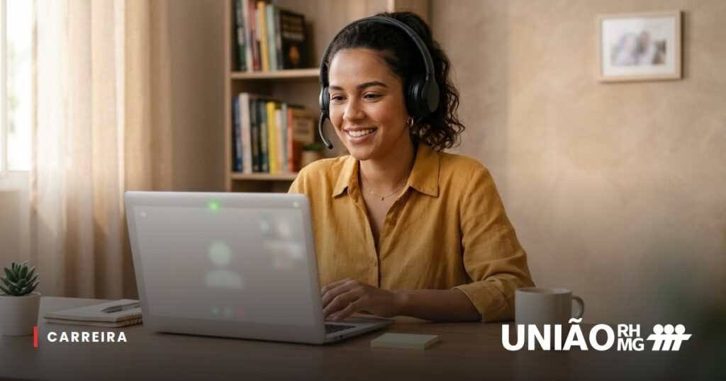 Jovem em uma entrevista por vídeo em casa, com notebook e fone de ouvido em uma mesa organizada