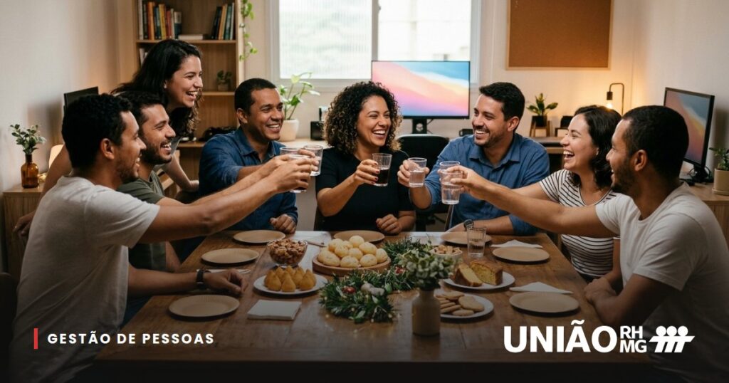 Equipe de uma empresa pequena reunida em uma confraternização de fim de ano, com lanche e decoração simples