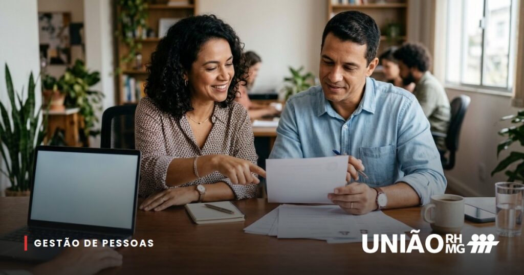 Profissional de RH e gestor de área analisando currículos juntos em uma mesa de reunião