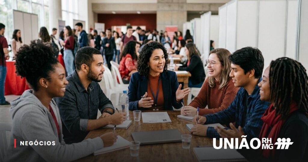 Estudantes e recrutador conversando em um evento de carreira