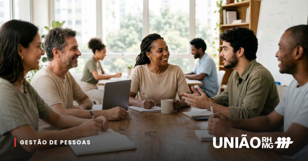 Líder sentada com a equipe em volta de uma mesa, ouvindo os colegas em um ambiente colaborativo