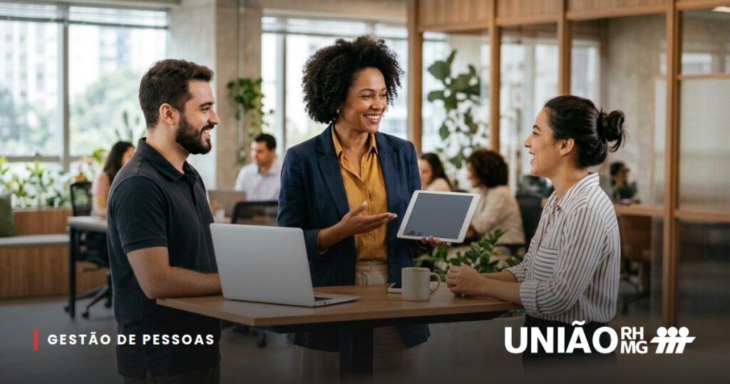 Líder conversando com dois colaboradores em um escritório moderno, com um tablet na mão