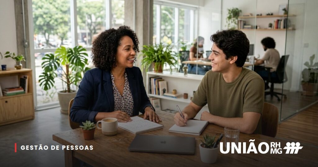 Gestora conversando com uma colaboradora jovem em um escritório iluminado