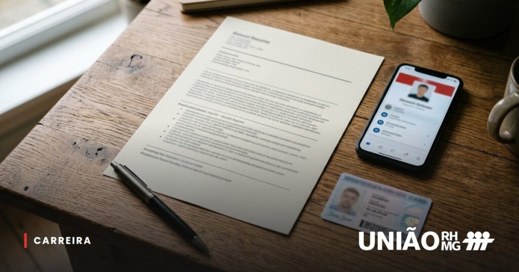 Currículo impresso, celular com carteira de trabalho digital e documento sobre a mesa