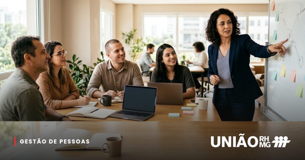 Equipe reunida em volta de uma mesa conversando sobre valores da empresa em um quadro
