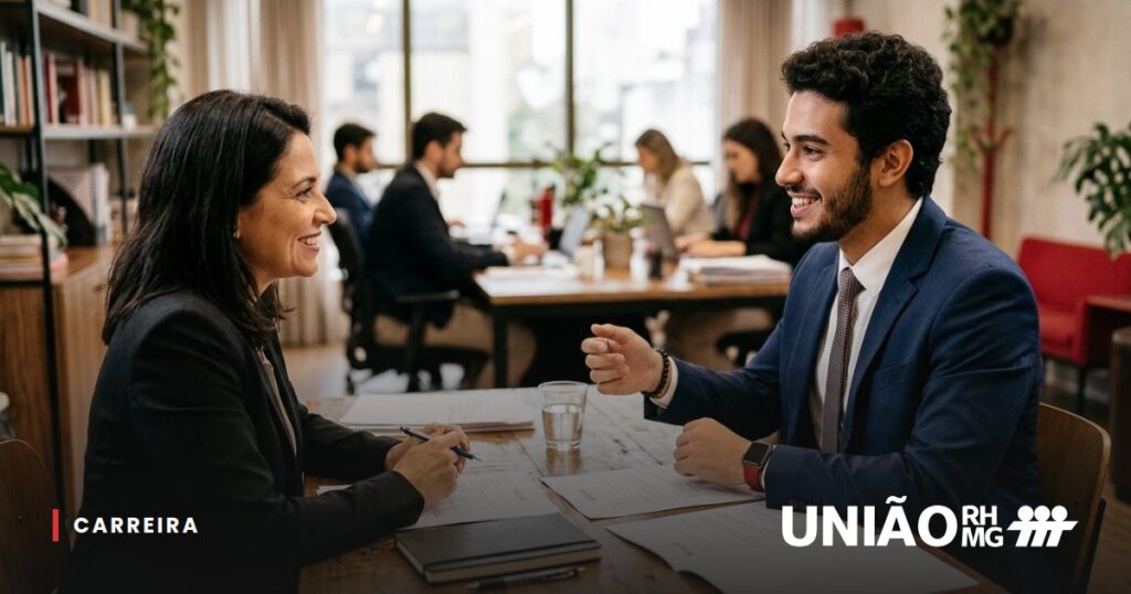 Jovem sorrindo durante uma entrevista de emprego com a recrutadora