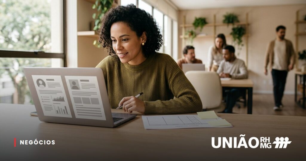 Recrutadora comparando perfis de candidatos no notebook com uma ficha de avaliação ao lado