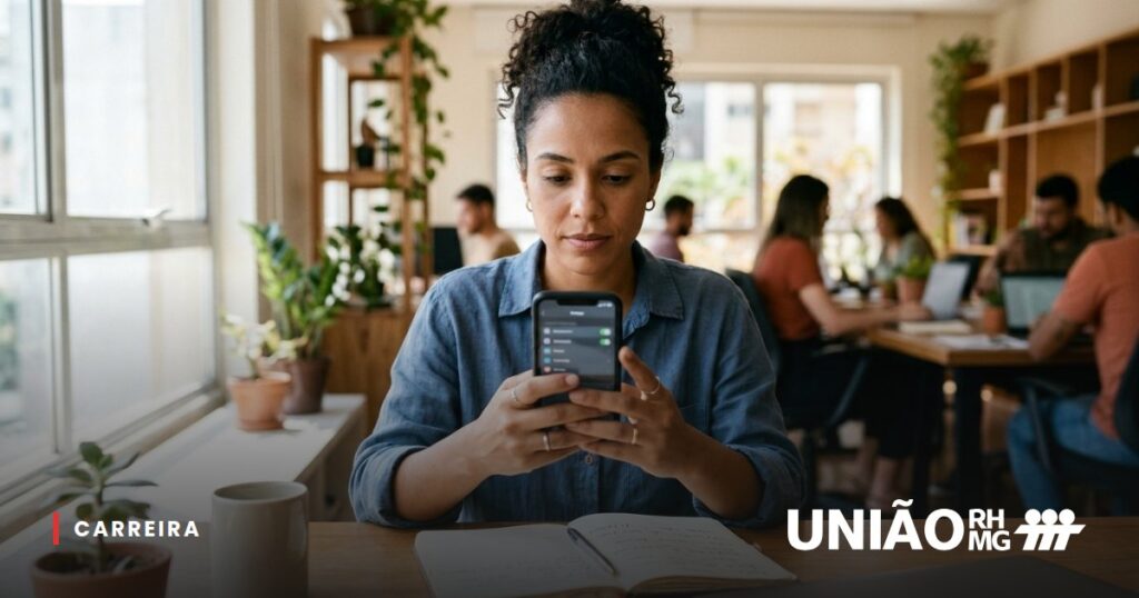 Pessoa revisando as configurações de privacidade do próprio perfil em redes sociais no celular